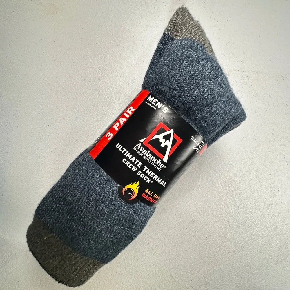 Avalanche Thermal Crew Socks 3 Pair Blue Grey Acrylic Blend Heavy Knit Mens 6-12